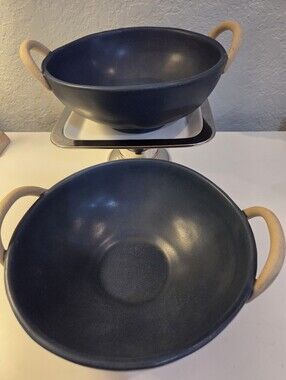Blue Ceramic Stoneware Serving Bowls with Tan Handles - Threshold
